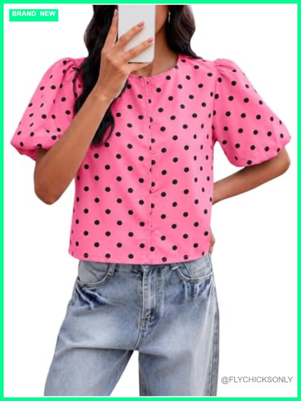 Cropped Puff Sleeve Button Down Blouse Loose Fit Polka Dot
